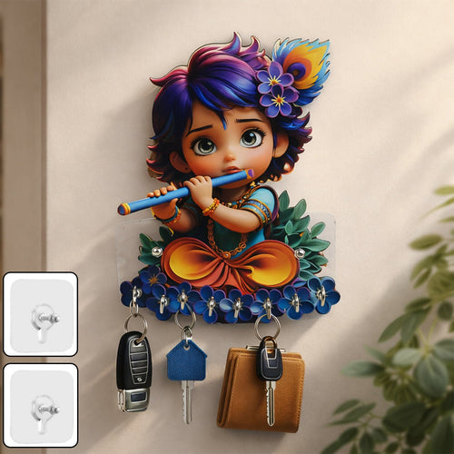 Krishna Flute Wooden Key Stand – Devotional Wall Organizer (6 Hooks) detail 1