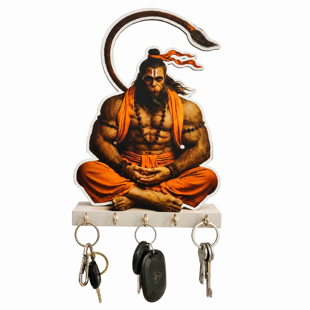 Hanuman Ji Wooden Key Holder – Devotional Wall Organizer (5 Hooks)