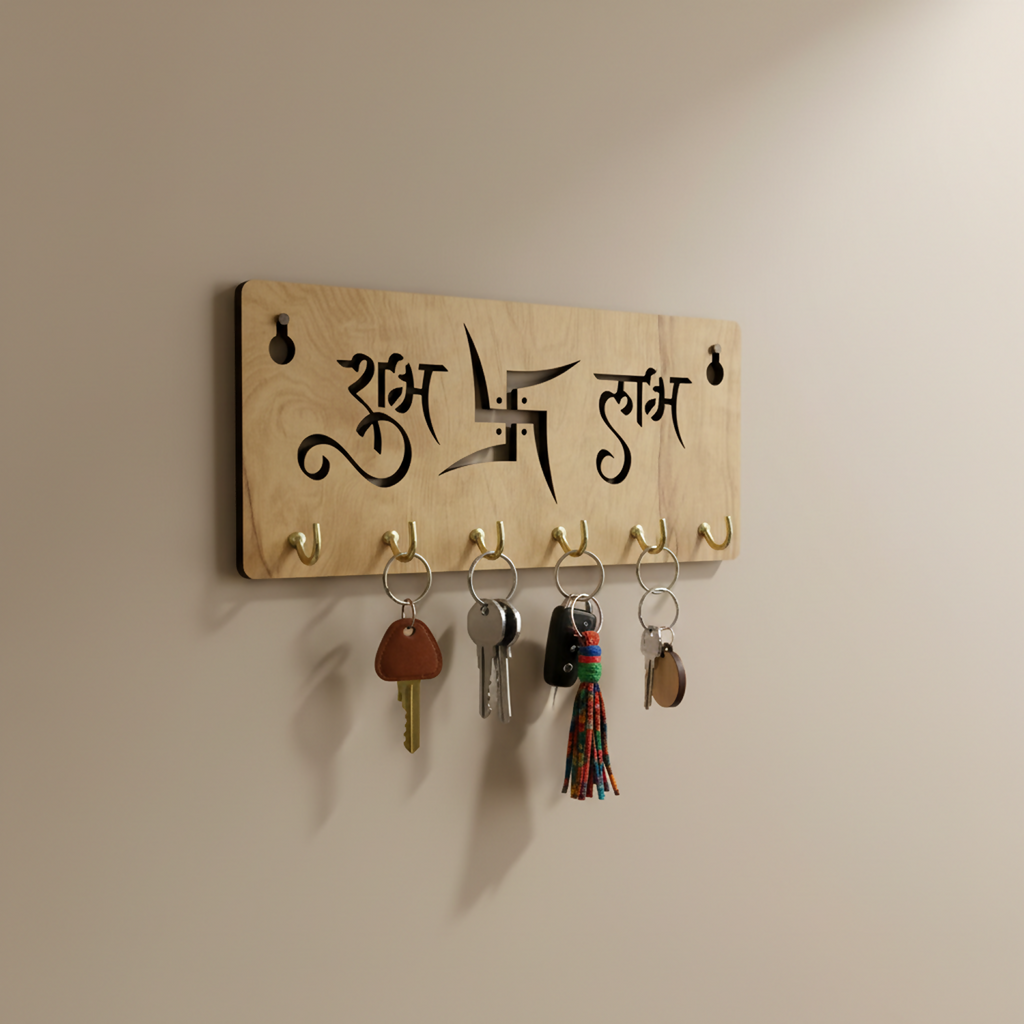 Shubh Labh Swastik Wooden Key Holder – Vastu Wall Organizer (6 Hooks)