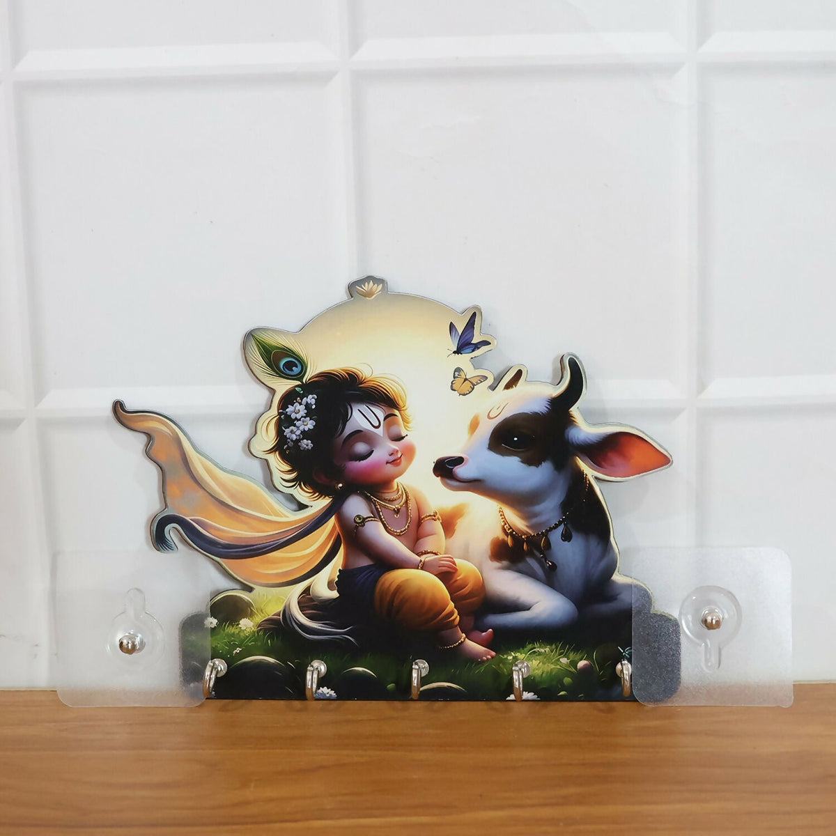 Krishna Cow Wooden Key Holder – Devotional Wall Organizer (5 Hooks)