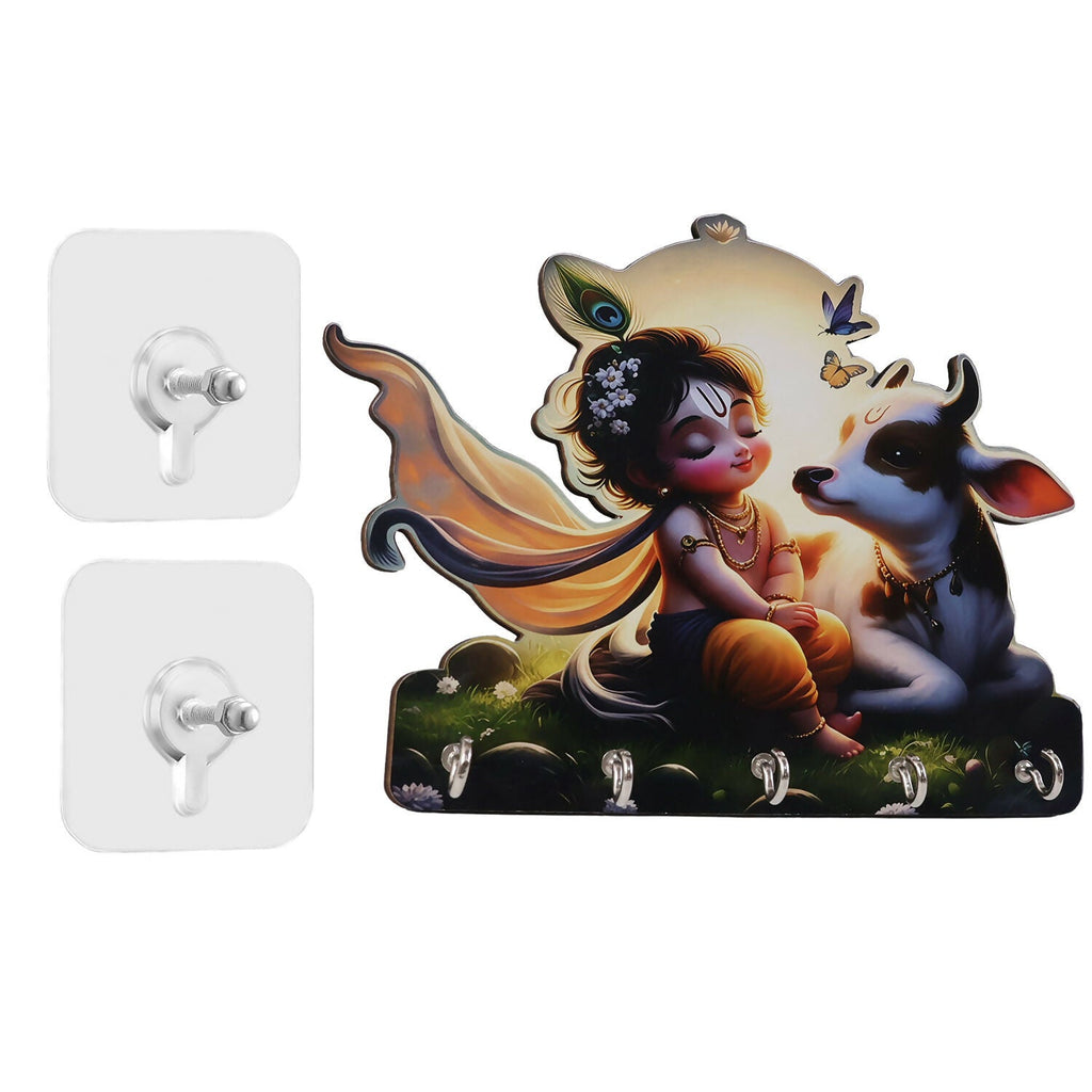 Krishna Cow Wooden Key Holder – Devotional Wall Organizer (5 Hooks)
