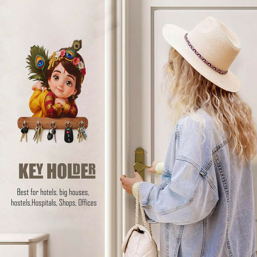 Baby Krishna Peacock Wooden Key Holder – Devotional Wall Organizer (5 Hooks)