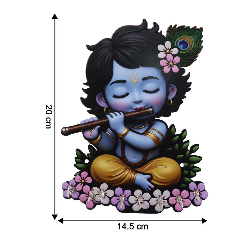 Krishna Flute Wooden Key Holder – Devotional Wall Organizer (6 Hooks)