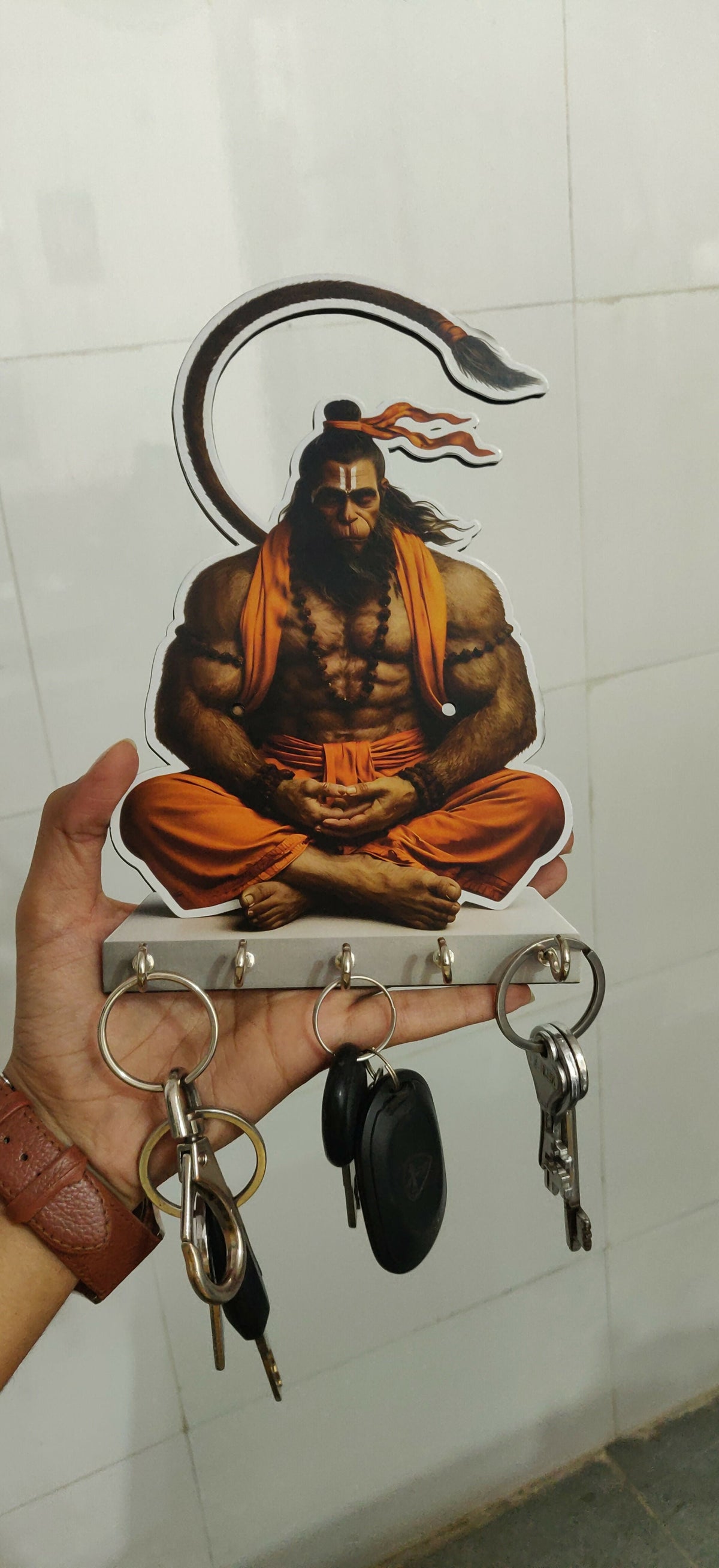 Hanuman Ji Wooden Key Holder – Devotional Wall Organizer (5 Hooks)