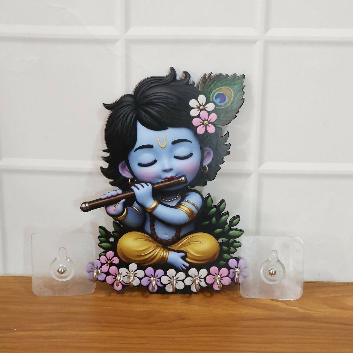 Krishna Flute Wooden Key Holder – Devotional Wall Organizer (6 Hooks)