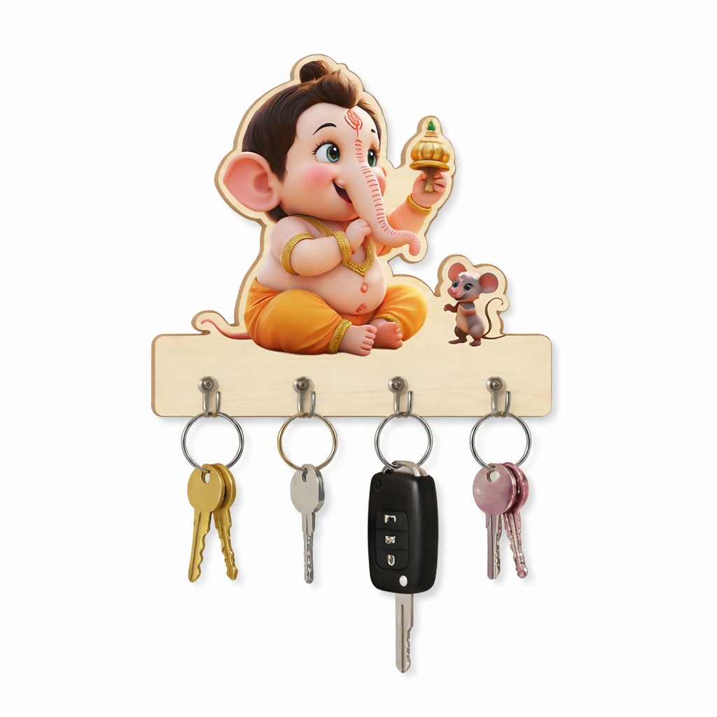 Baby Ganesha Wooden Key Holder – Devotional Wall Organizer (5 Hooks)