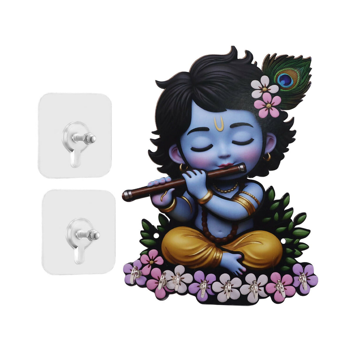 Krishna Flute Wooden Key Holder – Devotional Wall Organizer (6 Hooks)