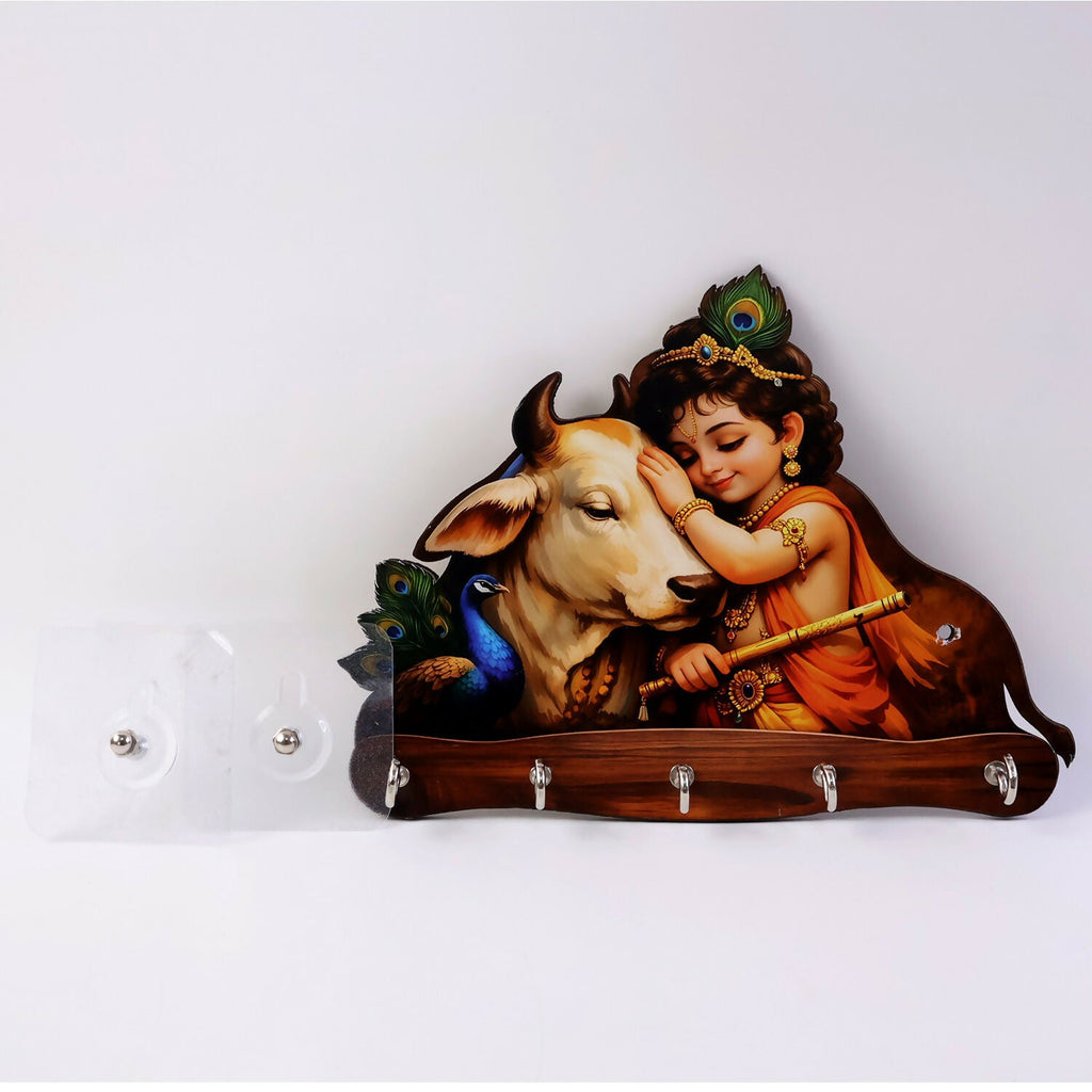 Krishna & Cow Peacock Wooden Key Holder – Devotional Wall Organizer (5 Hooks)
