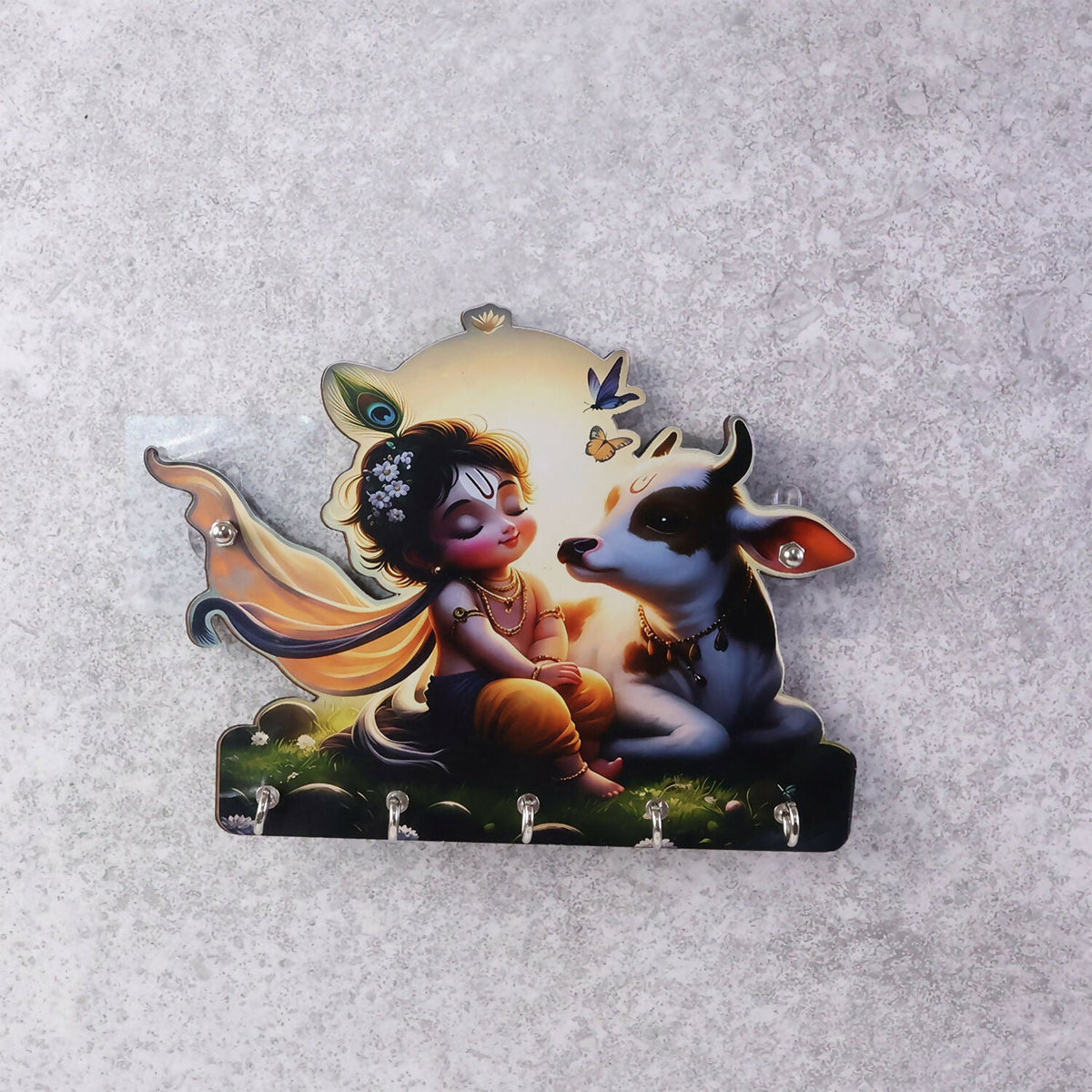 Krishna Cow Wooden Key Holder – Devotional Wall Organizer (5 Hooks)
