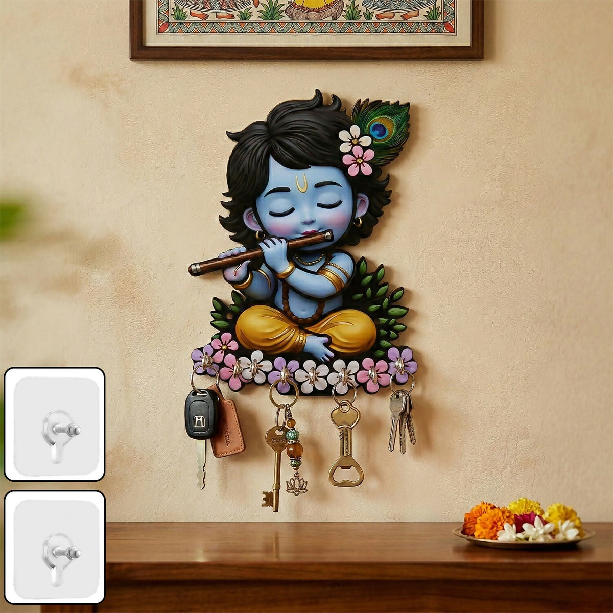 Krishna Flute Wooden Key Holder – Devotional Wall Organizer (6 Hooks)