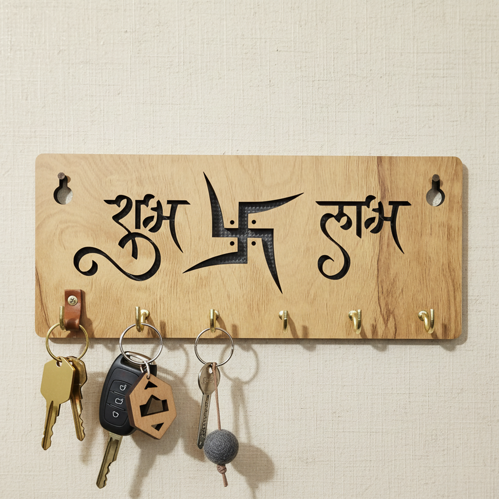 Shubh Labh Swastik Wooden Key Holder – Vastu Wall Organizer (6 Hooks)