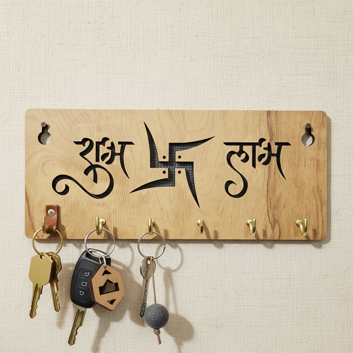 Shubh Labh Swastik Wooden Key Holder – Vastu Wall Organizer (6 Hooks)