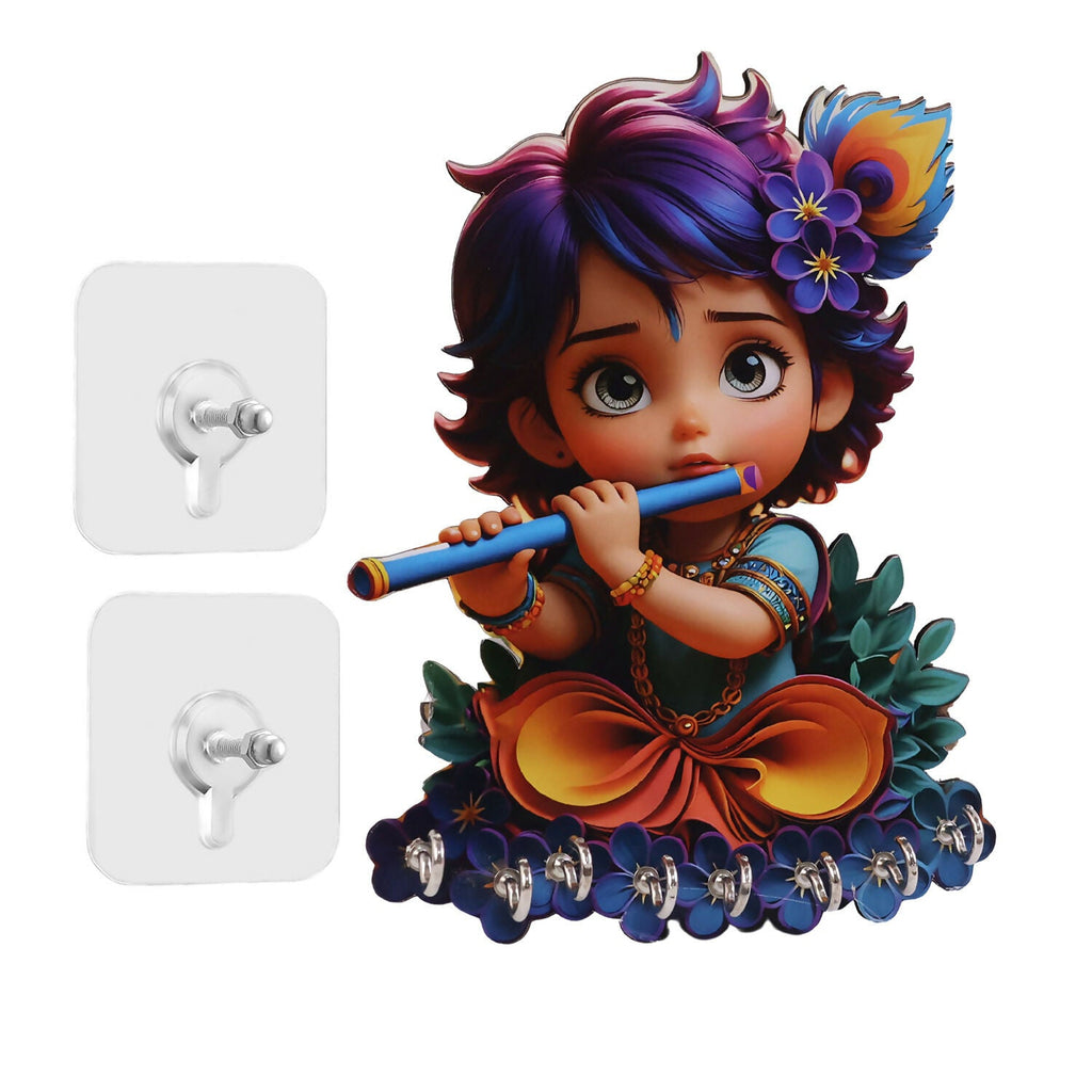 Krishna Flute Wooden Key Stand – Devotional Wall Organizer (6 Hooks)
