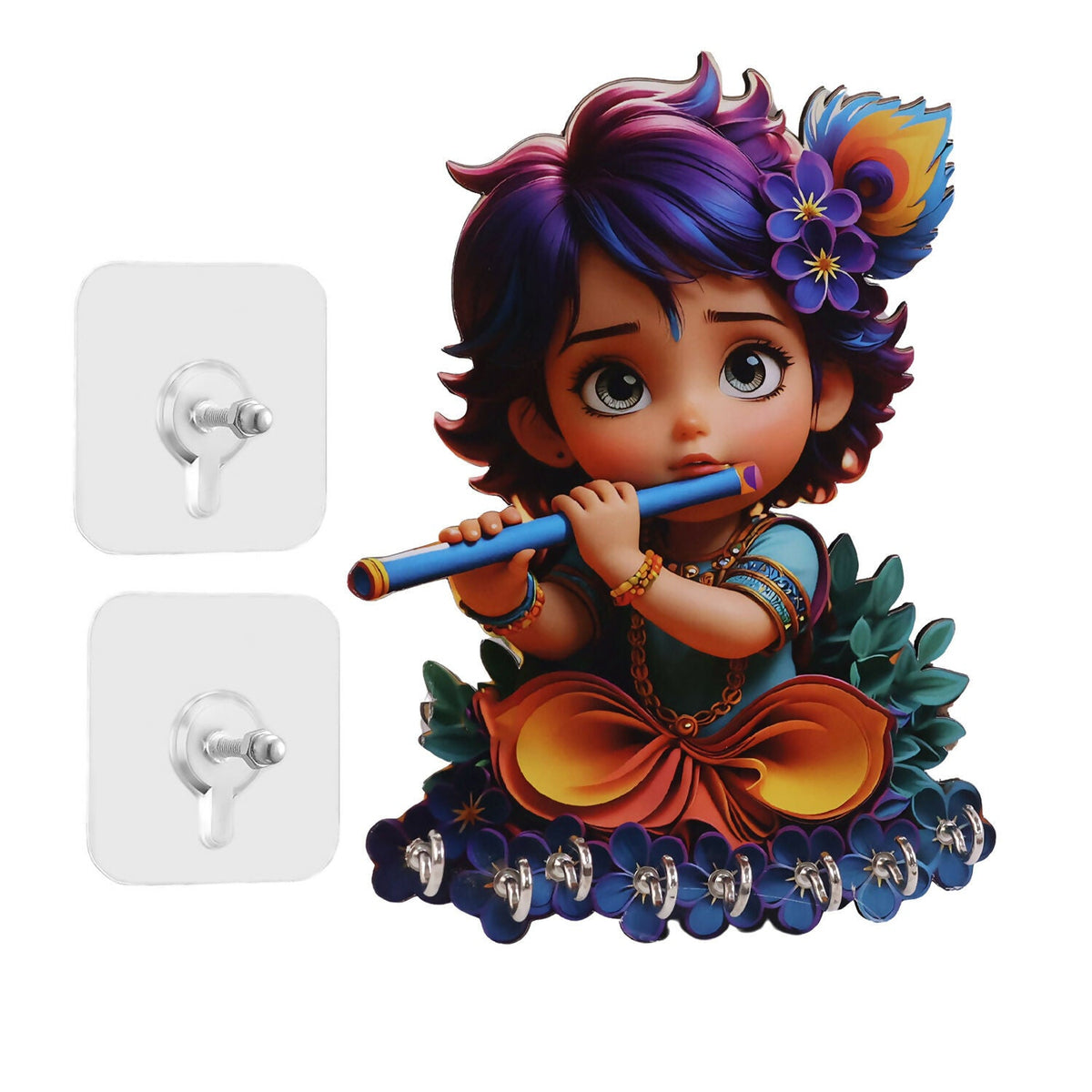 Krishna Flute Wooden Key Stand – Devotional Wall Organizer (6 Hooks)