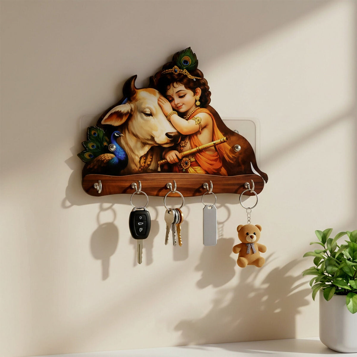 Krishna & Cow Peacock Wooden Key Holder – Devotional Wall Organizer (5 Hooks)