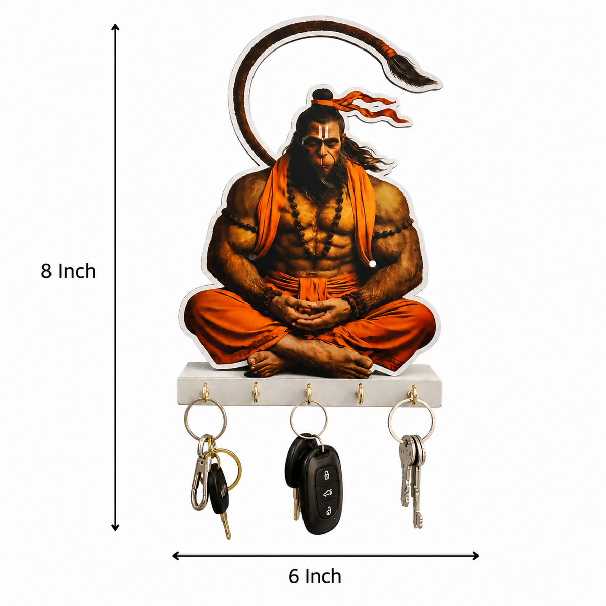 Hanuman Ji Wooden Key Holder – Devotional Wall Organizer (5 Hooks)