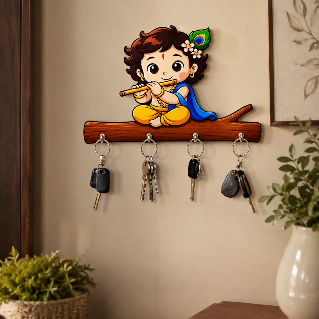 Baby Krishna Wooden Key Holder – Devotional Wall Organizer (4 Hooks)
