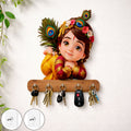 Baby Krishna Peacock Wooden Key Holder – Devotional Wall Organizer (5 Hooks)