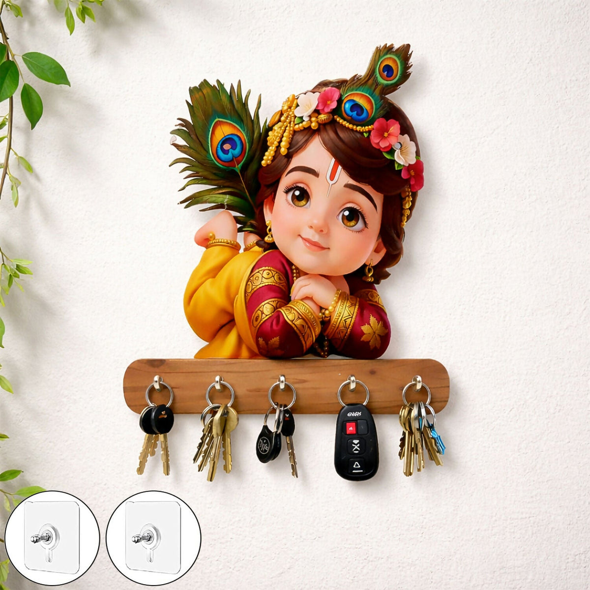 Baby Krishna Peacock Wooden Key Holder – Devotional Wall Organizer (5 Hooks)