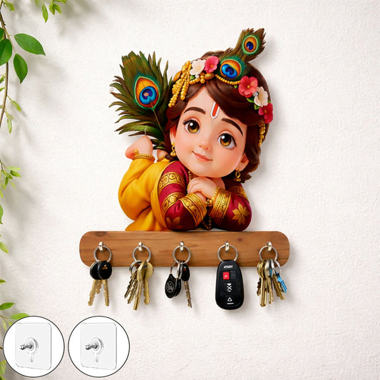Baby Krishna Peacock Wooden Key Holder – Devotional Wall Organizer (5 Hooks)