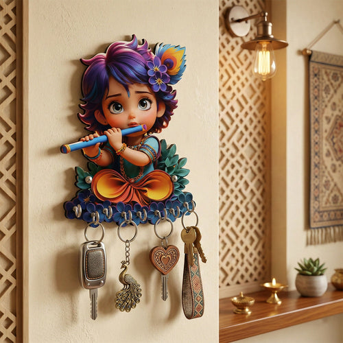 Krishna Flute Wooden Key Stand – Devotional Wall Organizer (6 Hooks) detail 3