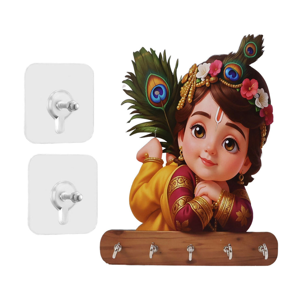 Baby Krishna Peacock Wooden Key Holder – Devotional Wall Organizer (5 Hooks)