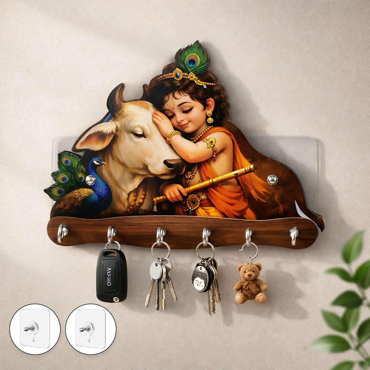 Krishna & Cow Peacock Wooden Key Holder – Devotional Wall Organizer (5 Hooks)