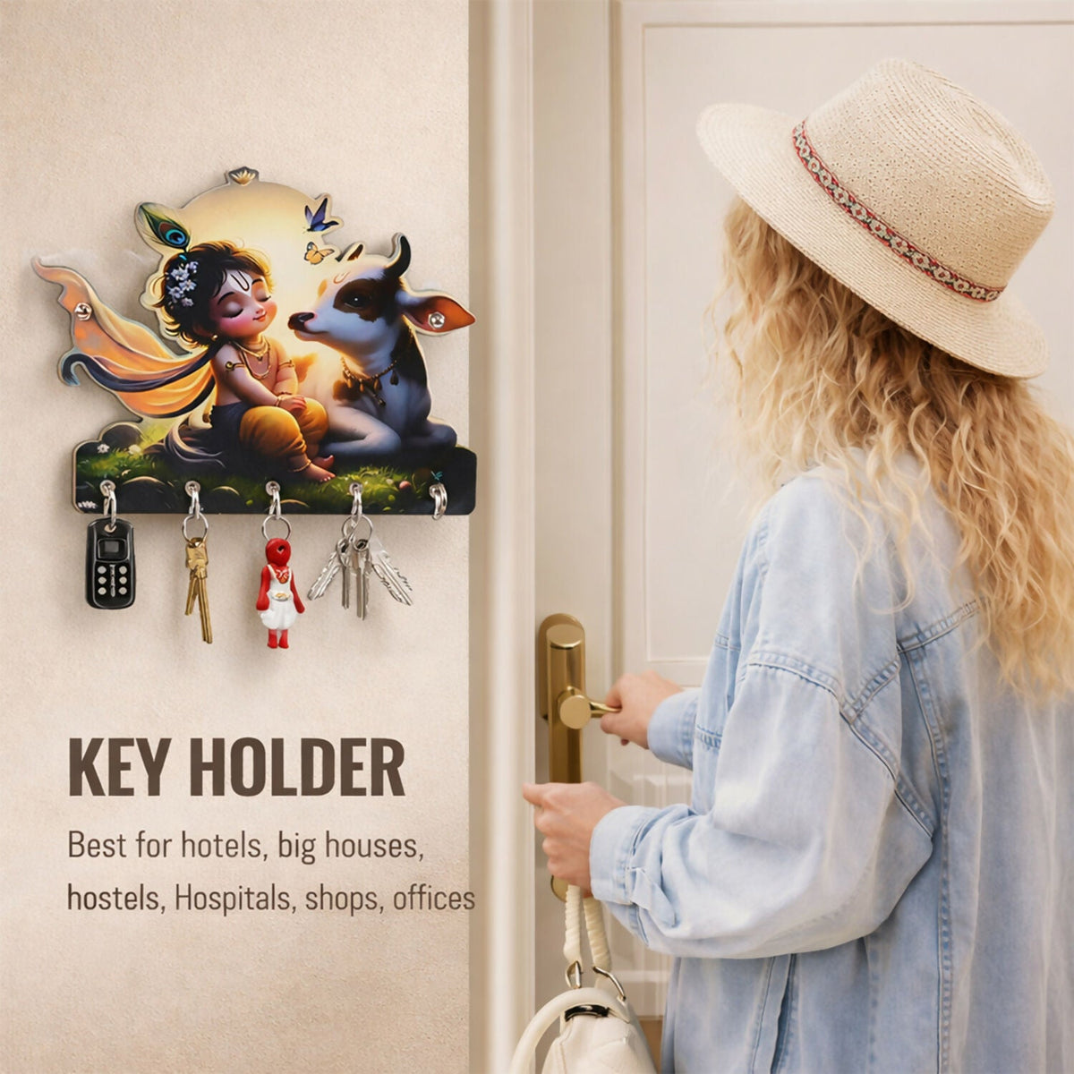 Krishna Cow Wooden Key Holder – Devotional Wall Organizer (5 Hooks)