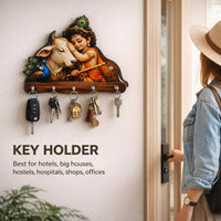 Krishna & Cow Peacock Wooden Key Holder – Devotional Wall Organizer (5 Hooks) \u2014 view 3