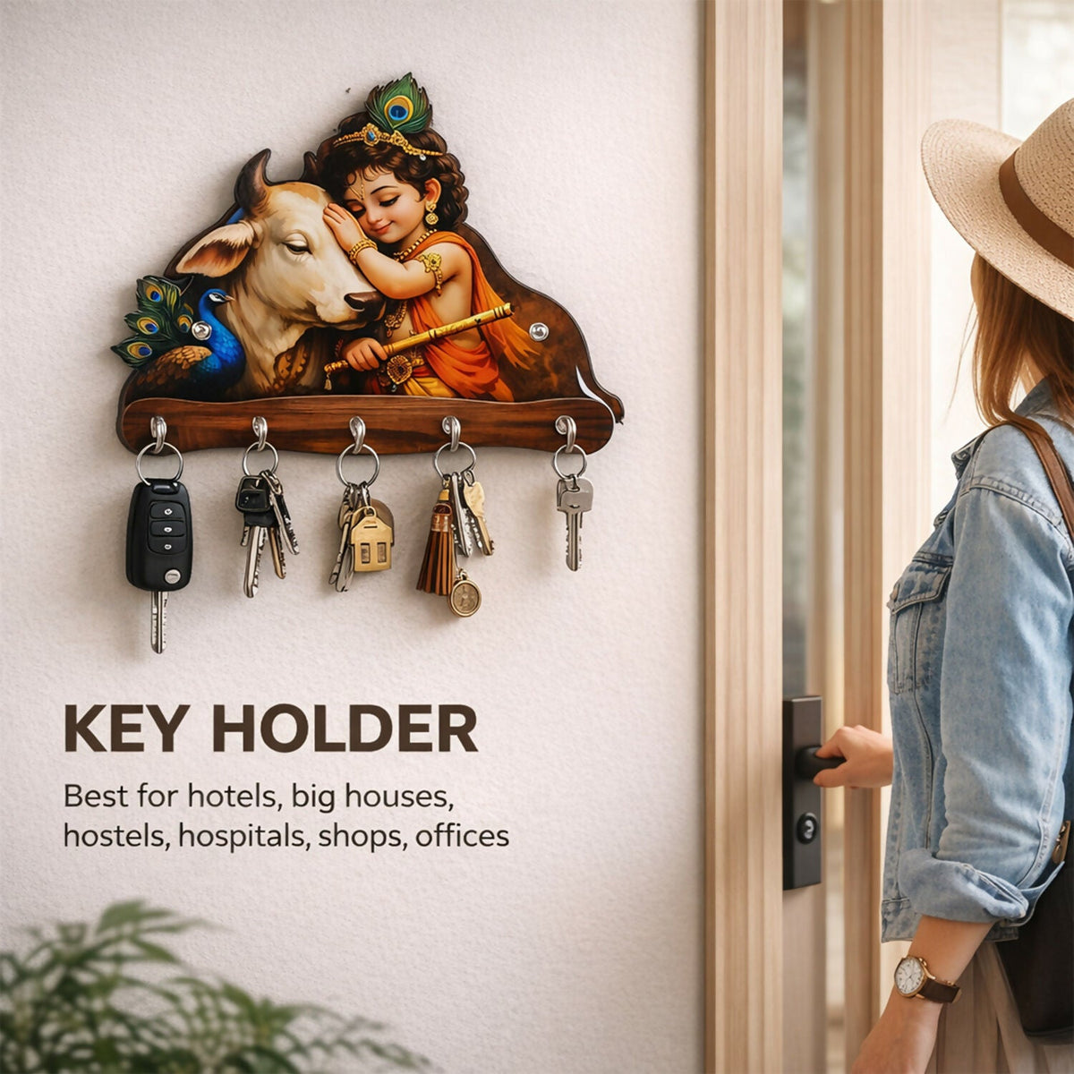 Krishna & Cow Peacock Wooden Key Holder – Devotional Wall Organizer (5 Hooks)