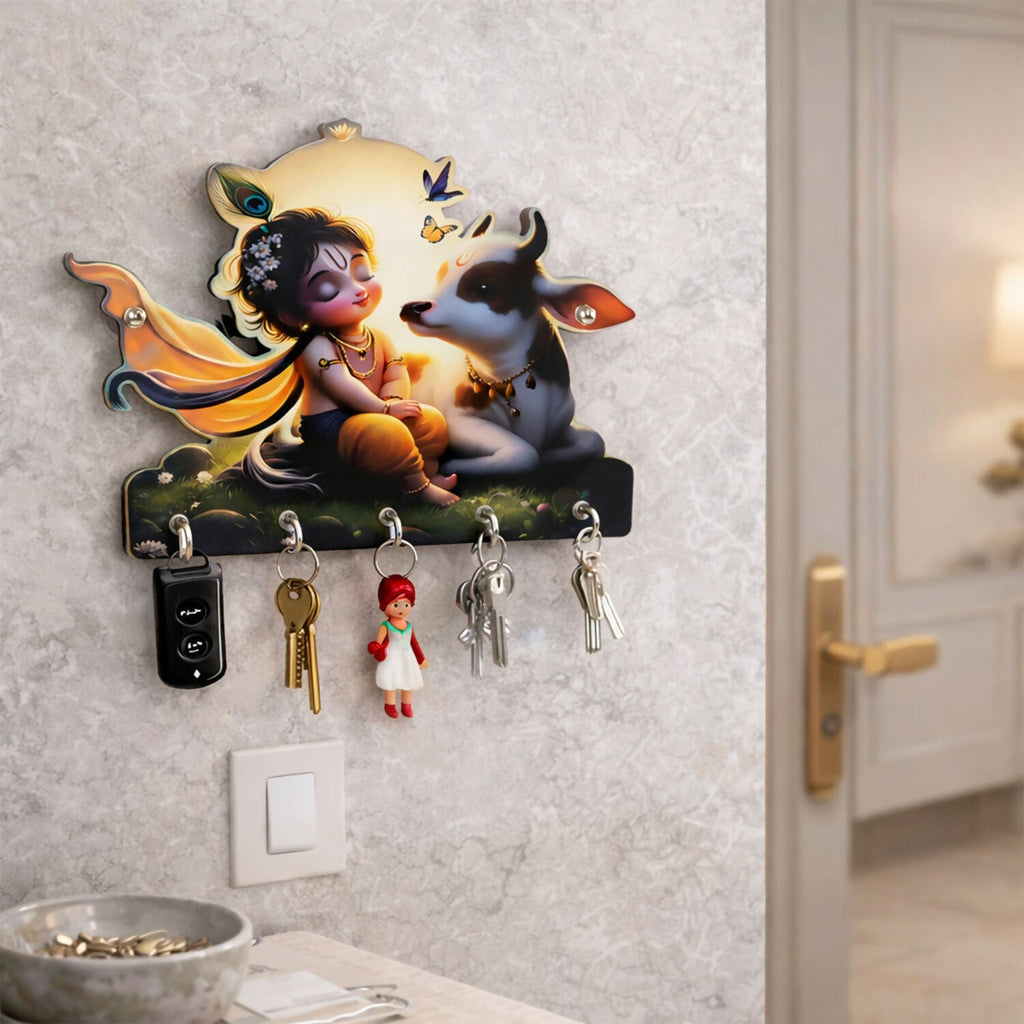 Krishna Cow Wooden Key Holder – Devotional Wall Organizer (5 Hooks)