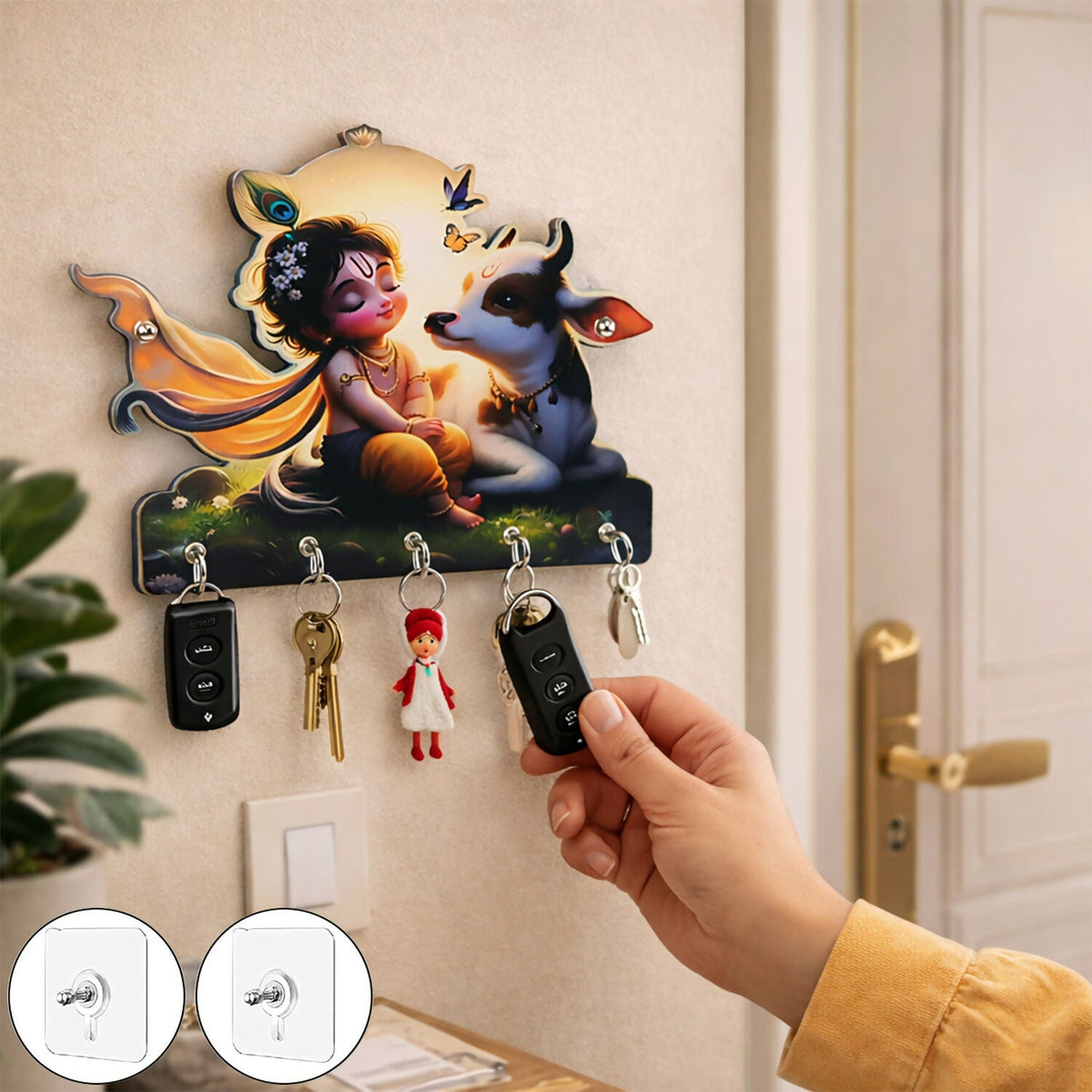 Krishna Cow Wooden Key Holder – Devotional Wall Organizer (5 Hooks)