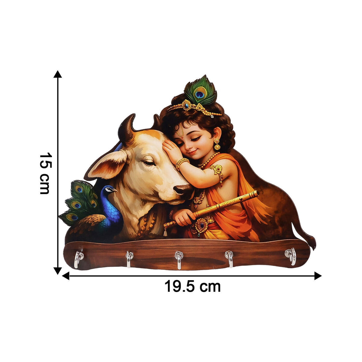 Krishna & Cow Peacock Wooden Key Holder – Devotional Wall Organizer (5 Hooks)