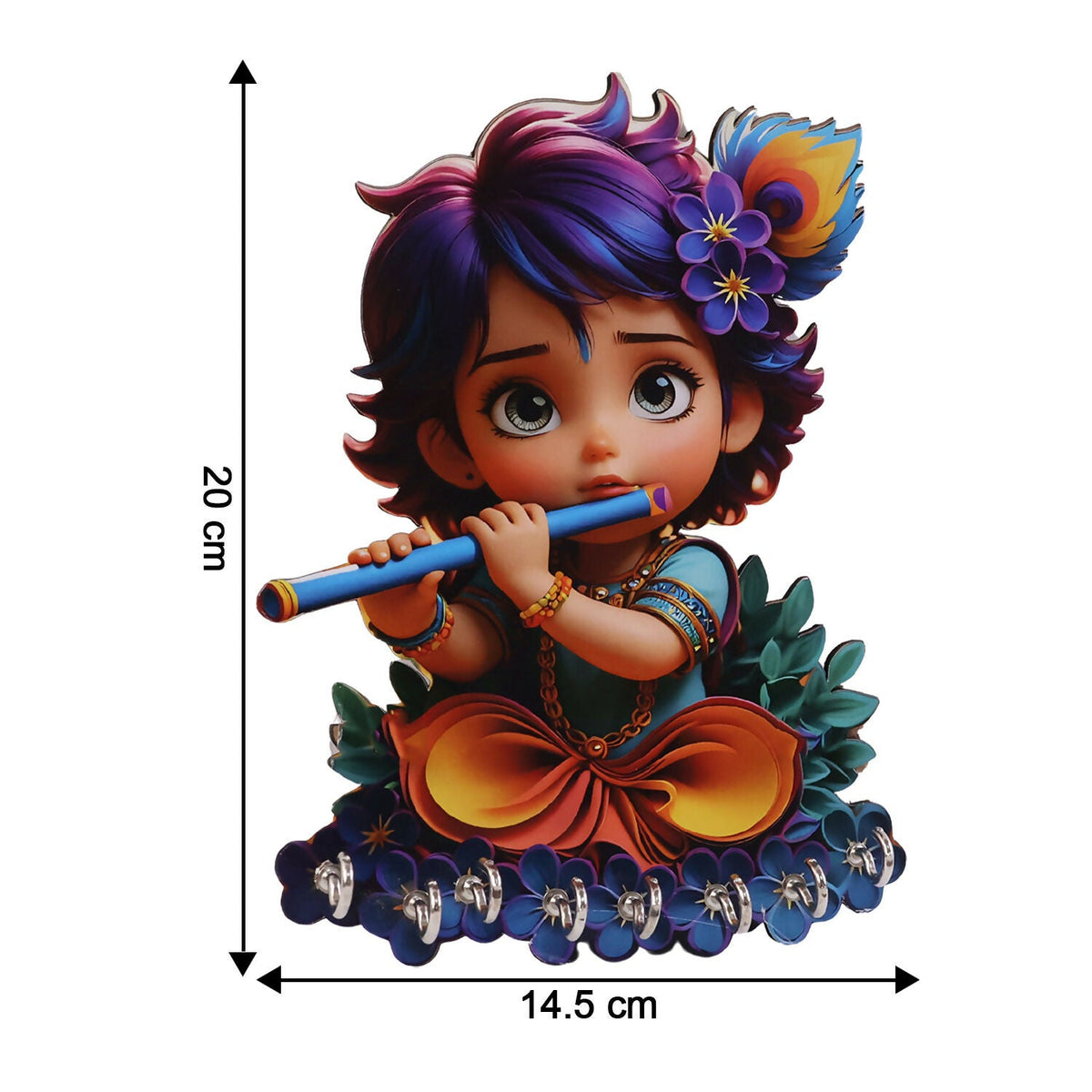 Krishna Flute Wooden Key Stand – Devotional Wall Organizer (6 Hooks)
