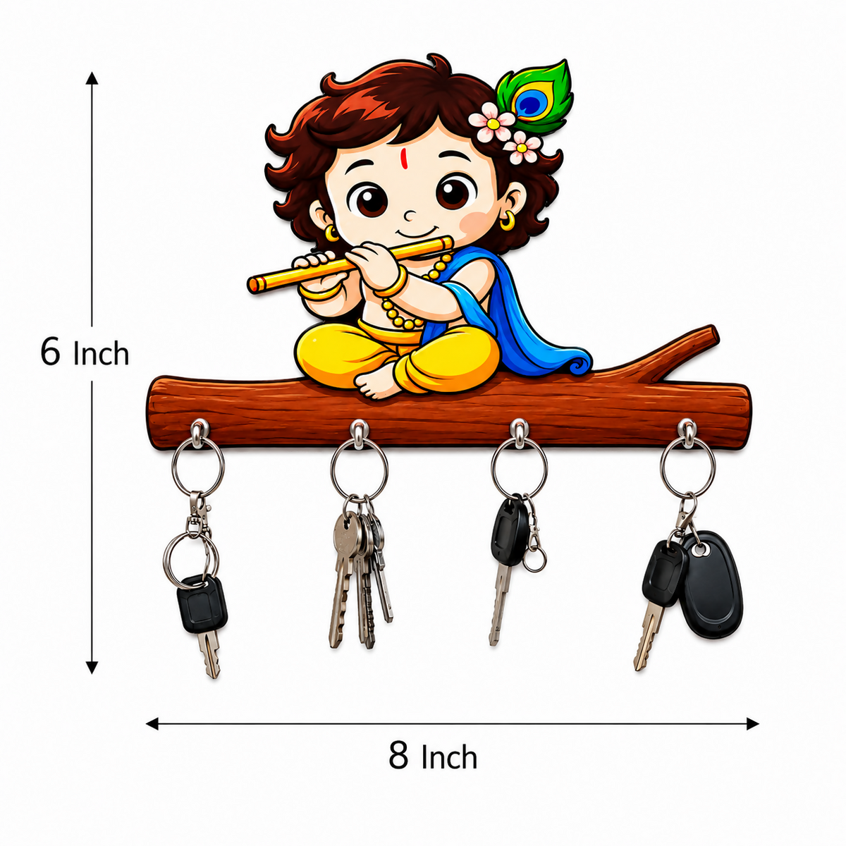 Baby Krishna Wooden Key Holder – Devotional Wall Organizer (4 Hooks)