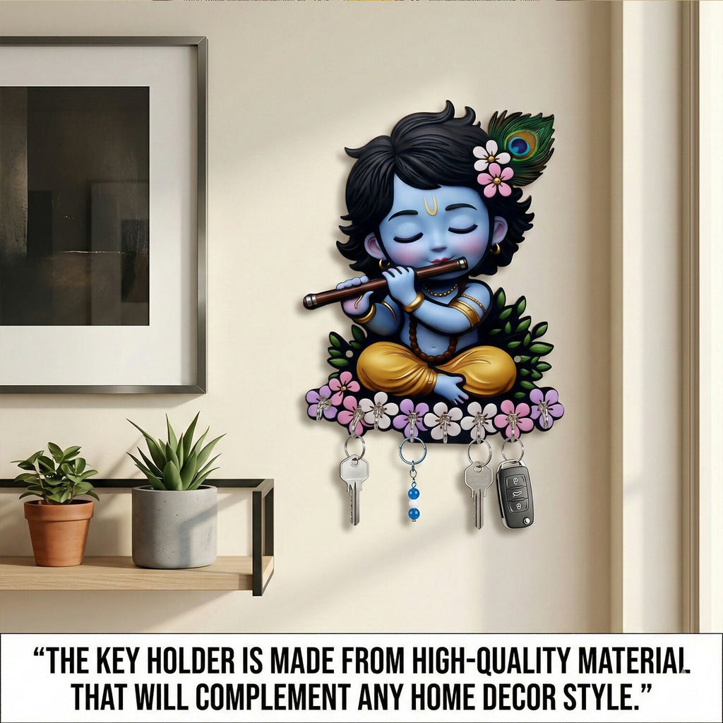 Krishna Flute Wooden Key Holder – Devotional Wall Organizer (6 Hooks)