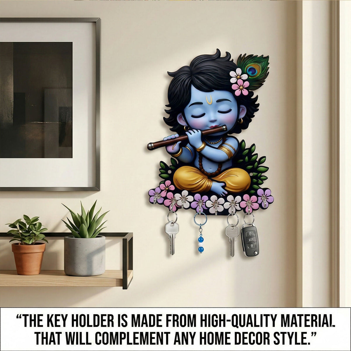 Krishna Flute Wooden Key Holder – Devotional Wall Organizer (6 Hooks)