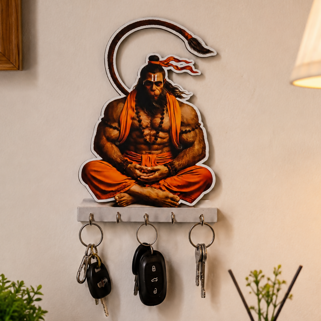 Hanuman Ji Wooden Key Holder – Devotional Wall Organizer (5 Hooks)