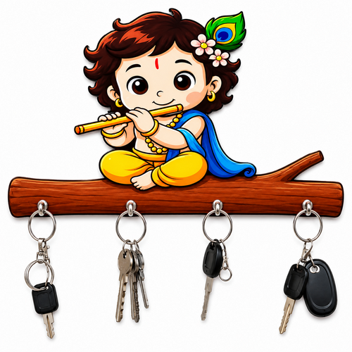 Baby Krishna Wooden Key Holder – Devotional Wall Organizer (4 Hooks)