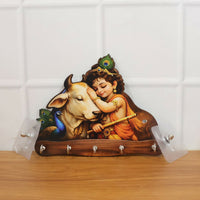 Krishna & Cow Peacock Wooden Key Holder – Devotional Wall Organizer (5 Hooks) \u2014 view 7