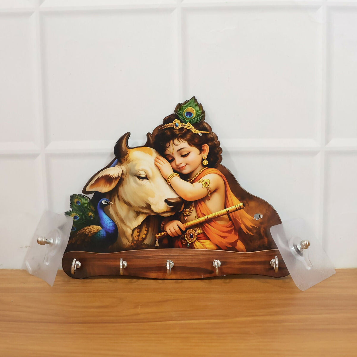 Krishna & Cow Peacock Wooden Key Holder – Devotional Wall Organizer (5 Hooks)