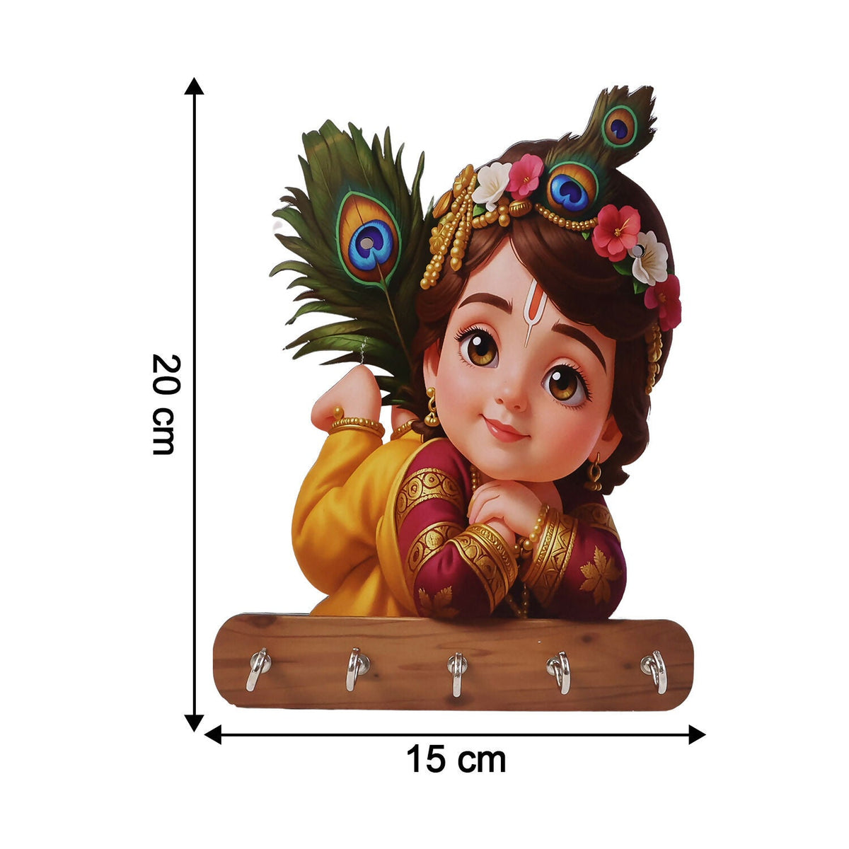 Baby Krishna Peacock Wooden Key Holder – Devotional Wall Organizer (5 Hooks)