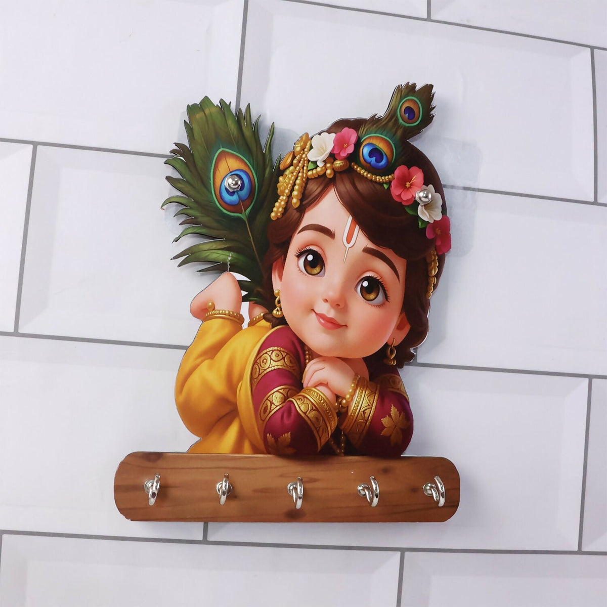 Baby Krishna Peacock Wooden Key Holder – Devotional Wall Organizer (5 Hooks)