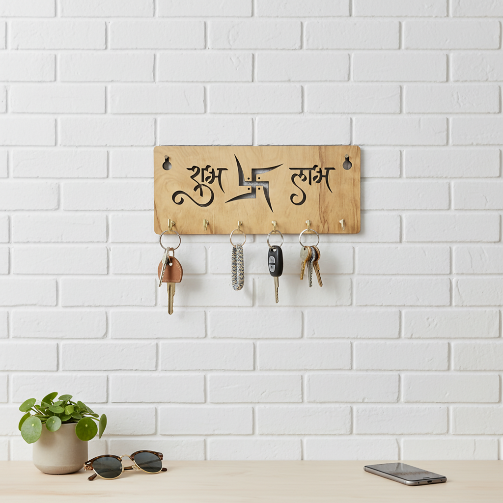 Shubh Labh Swastik Wooden Key Holder – Vastu Wall Organizer (6 Hooks)