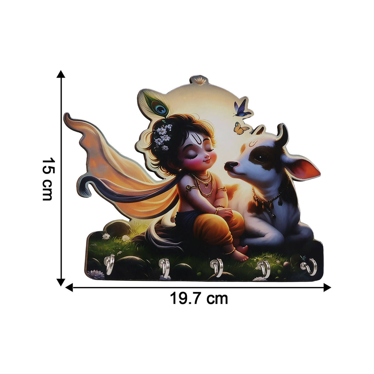 Krishna Cow Wooden Key Holder – Devotional Wall Organizer (5 Hooks)