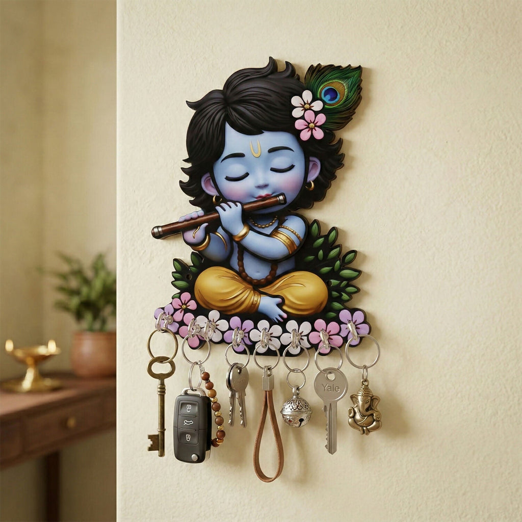 Krishna Flute Wooden Key Holder – Devotional Wall Organizer (6 Hooks)