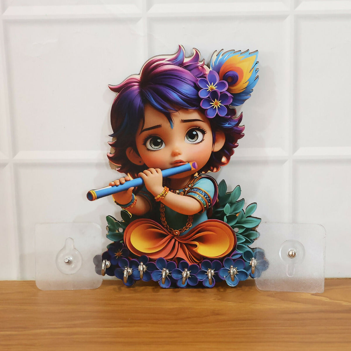 Krishna Flute Wooden Key Stand – Devotional Wall Organizer (6 Hooks)