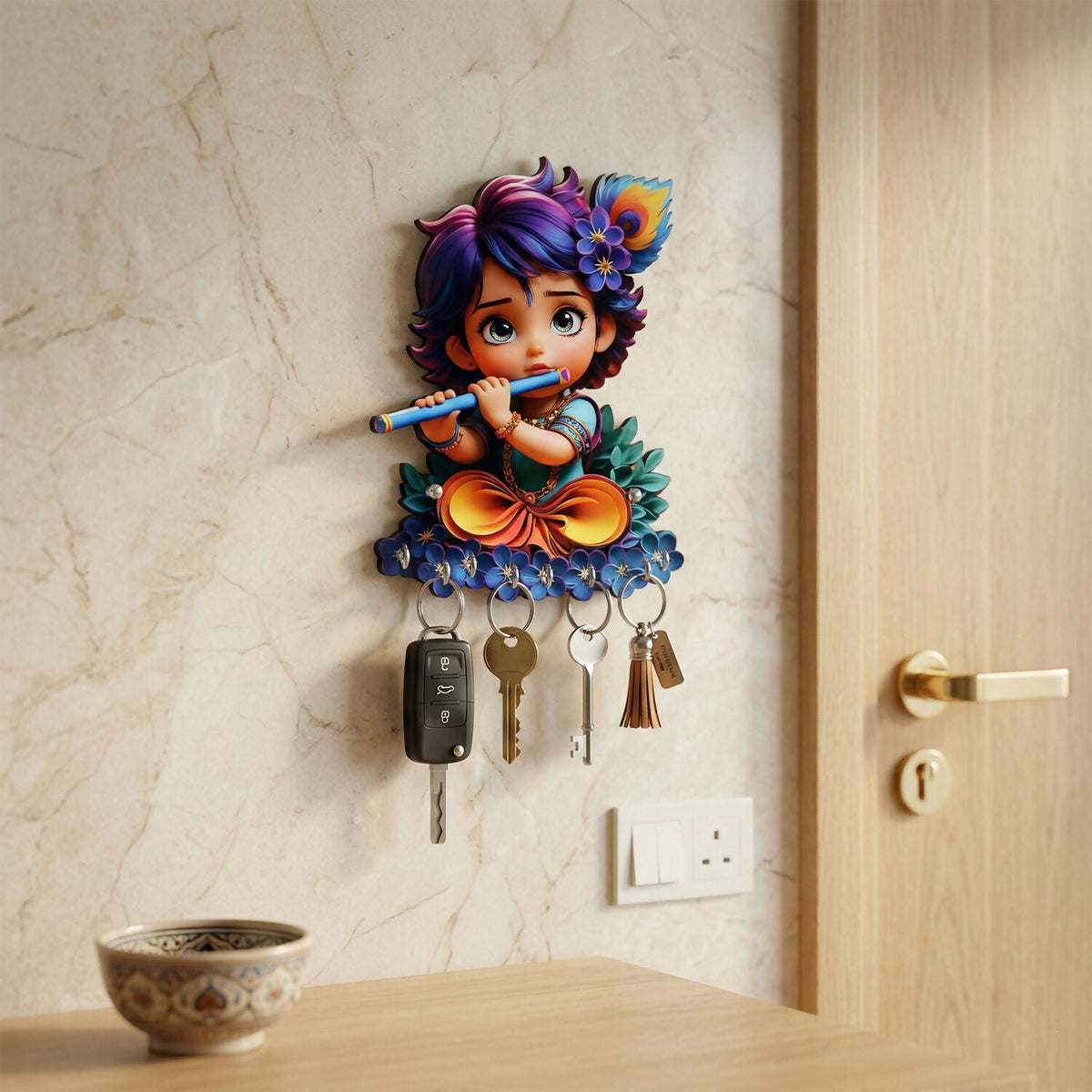 Krishna Flute Wooden Key Stand – Devotional Wall Organizer (6 Hooks)