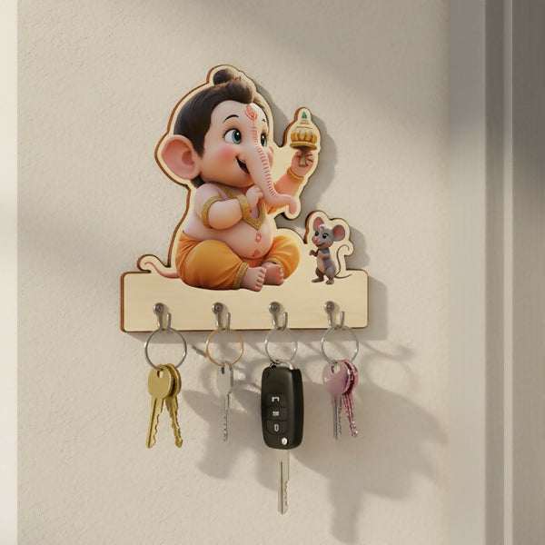 Baby Ganesha Wooden Key Holder – Devotional Wall Organizer (5 Hooks)