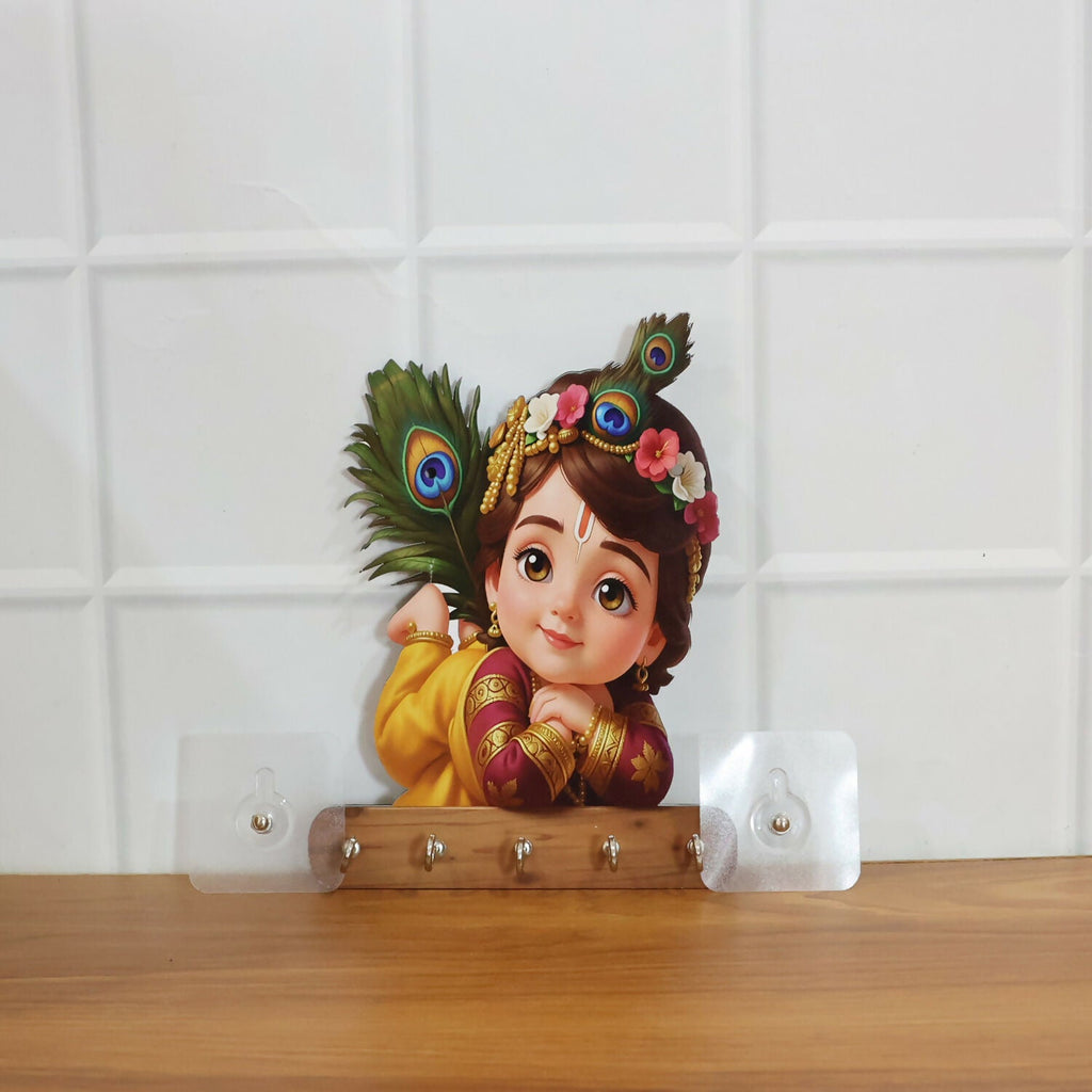 Baby Krishna Peacock Wooden Key Holder – Devotional Wall Organizer (5 Hooks)